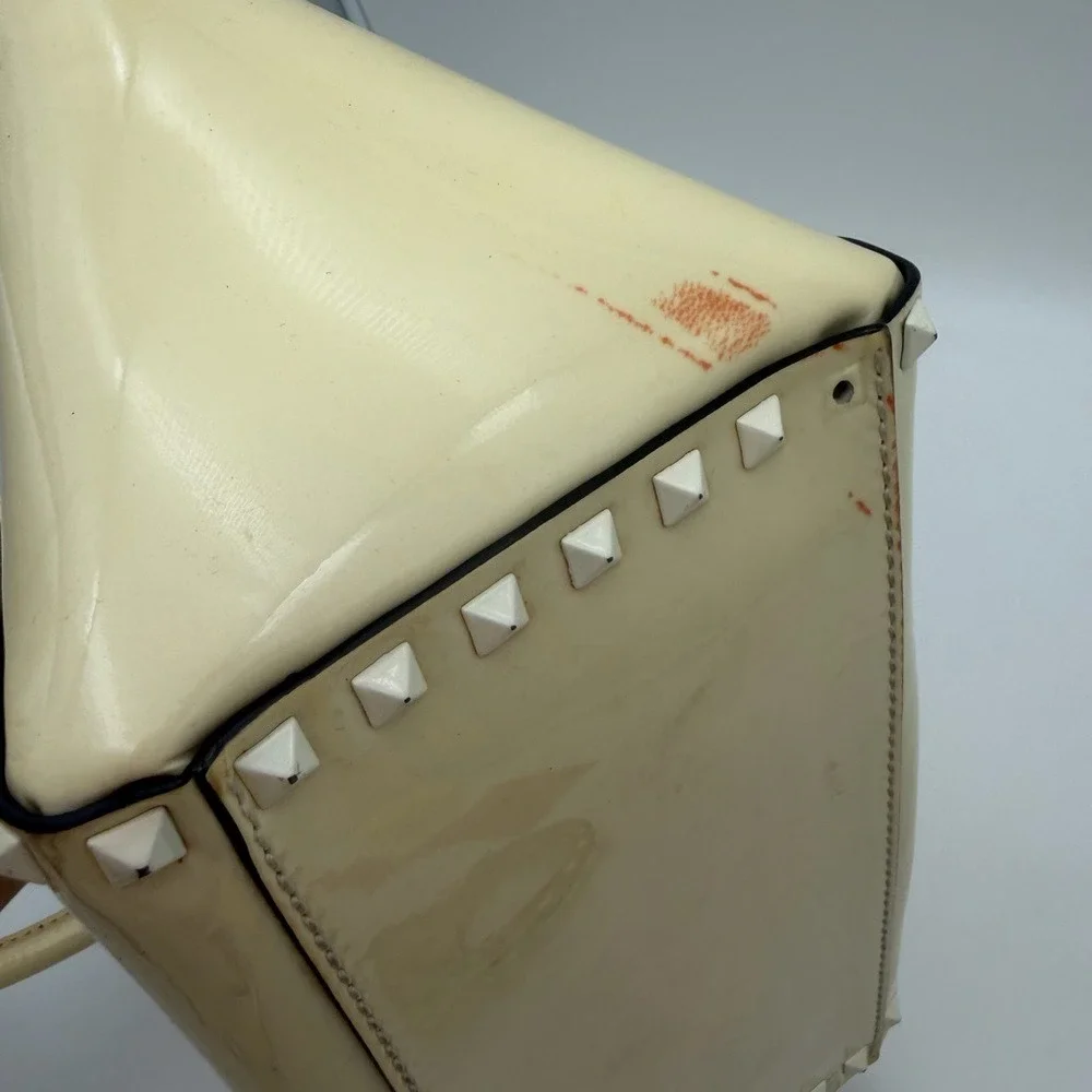 Valentino Garavani Rockstud Patent‎ Leather Satchel Cream – Authentic